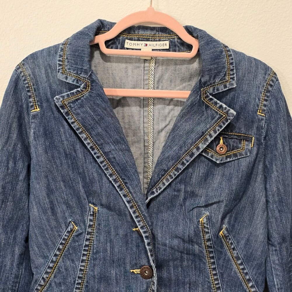 Tommy Hilfiger ✦ Denim Tailored Jacket ✦ Blue Striped Elbow Patch Structured M - Picture 4 of 12